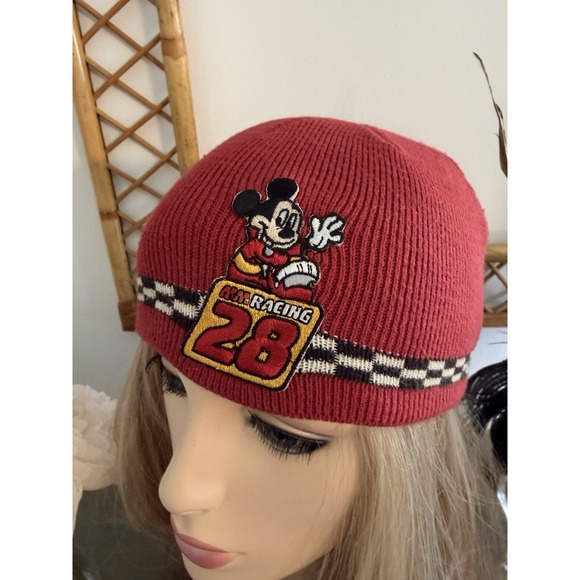 Vintage Mickey Mouse Red XS Beanie Auto Racing 28‎ Flag Checkers Hat Cap Unisex main image 8